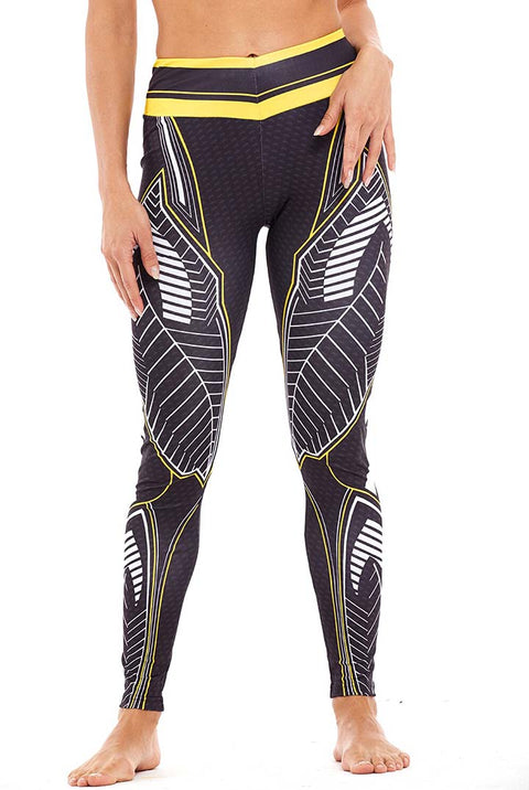 Sportlegging, yoga legging met abstract blad design in zwart, wit en gele kleurcombinatie